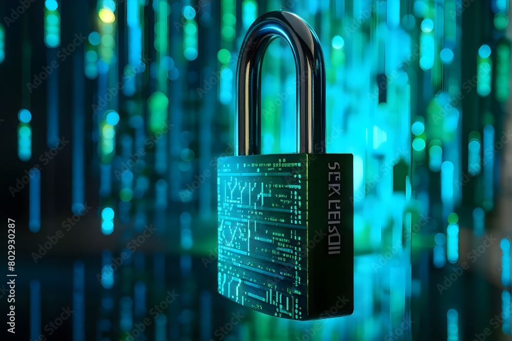 Aufkleber broken digital padlock shattered on a reflective dark surface strewn with traces of broken code