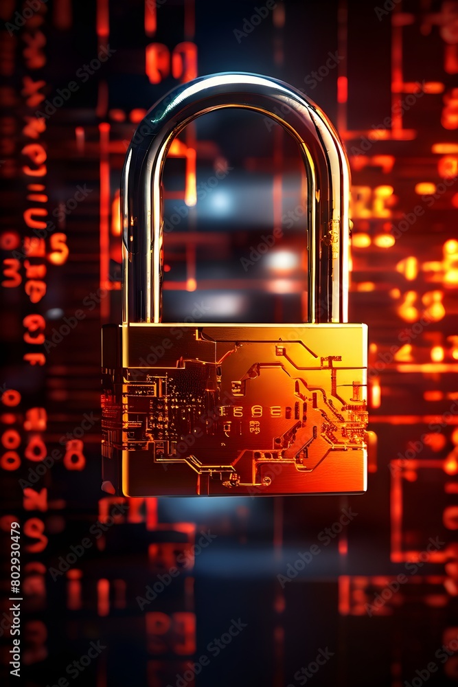 Aufkleber broken digital padlock shattered on a reflective dark surface strewn with traces of broken code