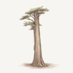 Detailed botanical drawing of a very tall conifer tree, with a few branches near the top. The tree is in focus and sharply detailed. The background is a very light grey.