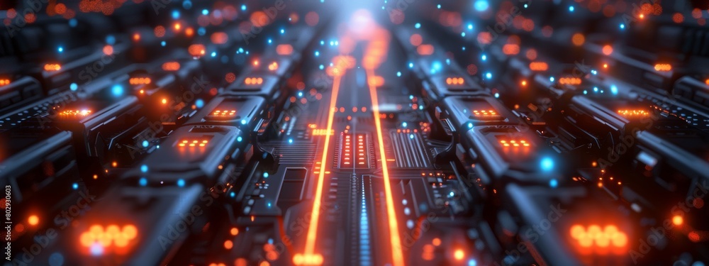 Poster a background showcasing on a computer, with glowing lights and data streams representing the flow of