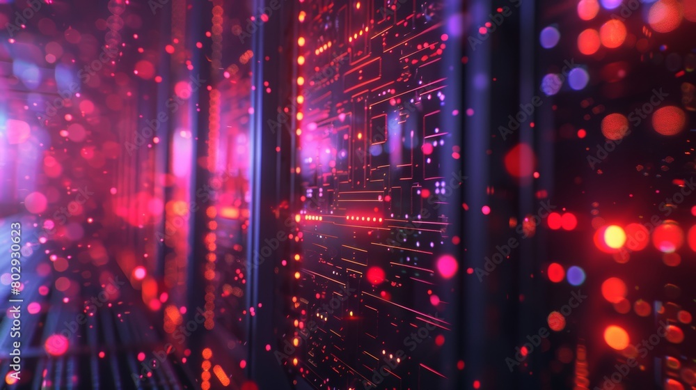 Poster a background showcasing on a computer, with glowing lights and data streams representing the flow of