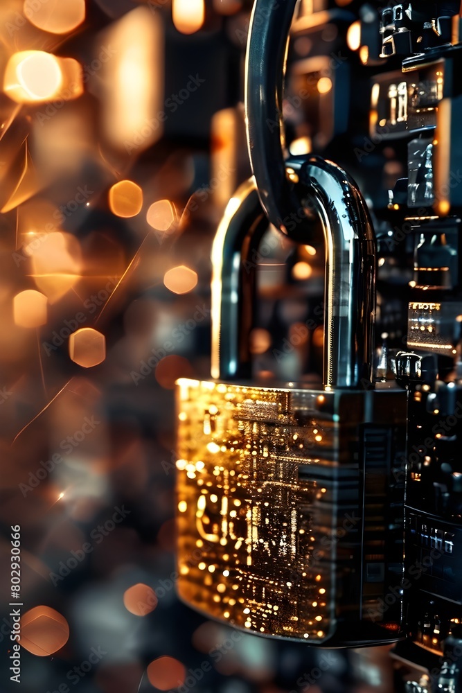 Aufkleber broken digital padlock shattered on a reflective dark surface strewn with traces of broken code