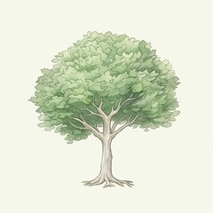 A watercolor painting of a single, majestic tree with a full, round canopy of green leaves. The tree is set against a solid background in a minimalist style.
