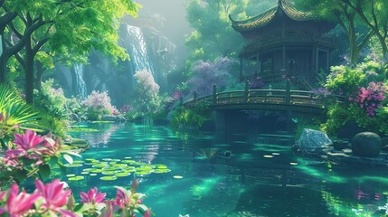 Floating Gardens of Serenity. lotus flower blooming in summer pond with green leaves. AI Generative