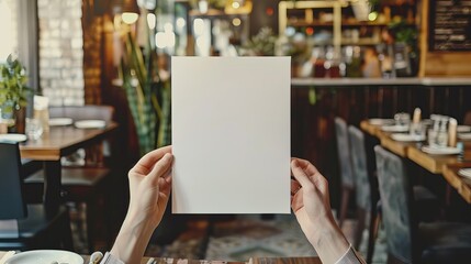 Hand holding a blank paper poster design for a restaurant menu, providing space for displaying menu items or designs.