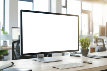 Laptop computer on a table in a modern interior with green plants and sunlight