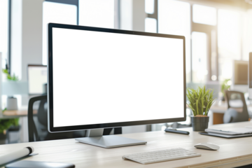 Laptop computer on a table in a modern interior with green plants and sunlight