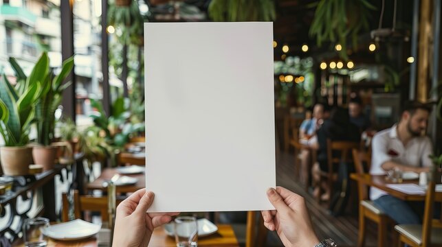 Hand holding a blank paper poster design for a restaurant menu, providing space for displaying menu items or designs.