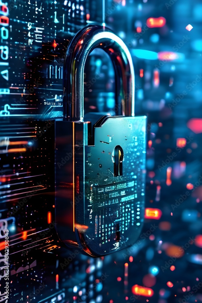 Poster broken digital padlock shattered on a reflective dark surface strewn with traces of broken code