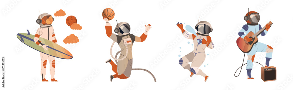 Poster astronaut and cosmonaut character in spacesuit vector set