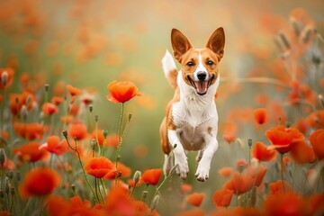 basenji dog or african barkless purebred jumping and running inked poppy flowers field