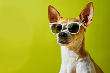 basenji purebred dog  white and brown wearing sunglasses on minimal lime green background. Veterinary clinic, optics eyewear salon, pet shop, creative business ad.