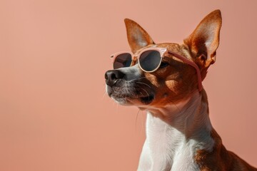 basenji purebred dog  white and brown wearing sunglasses on minimal pastel peach beige background. Veterinary clinic, optics eyewear salon, pet shop, creative business ad.