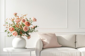 minimal white pastel peach fuzz color floral arrangement  on coffee table at luxury interior of...