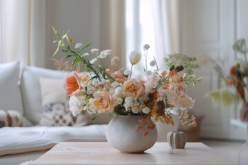 minimal white pastel peach fuzz color floral arrangement  on coffee table at luxury interior of elegant classic living room
