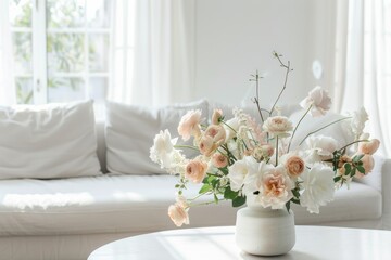 minimal white pastel peach fuzz color floral arrangement  on coffee table at luxury interior of classic elegant living room copy space left 
