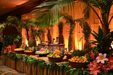 Hawaiian theme party catering decor with healthy food, fruit and pineapples and tropical atmosphere and light