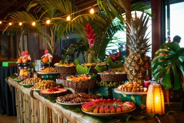 Hawaiian theme party catering decor with healthy food, fruit and pineapples and tropical atmosphere and light