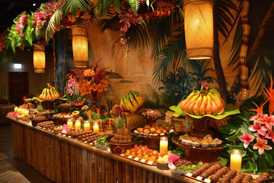 Hawaiian theme party catering decor with healthy food, fruit and pineapples and tropical atmosphere and light