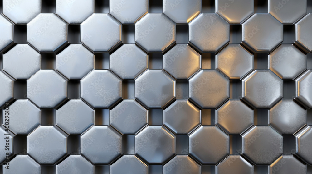 Poster abstract 3d render of a seamless hexagonal pattern on a metallic surface with light reflections