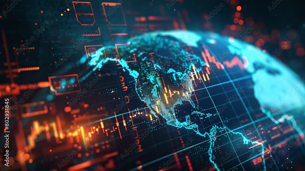 Poster hi-tech hologram of planet earth with glowing vector chart of investment financial data. graph stock