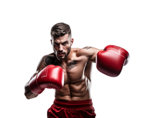 Focused boxer in red gloves and athletic stance ready to strike, isolated on transparent background. Generative AI