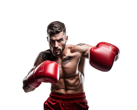Focused boxer in red gloves and athletic stance ready to strike, isolated on transparent background. Generative AI