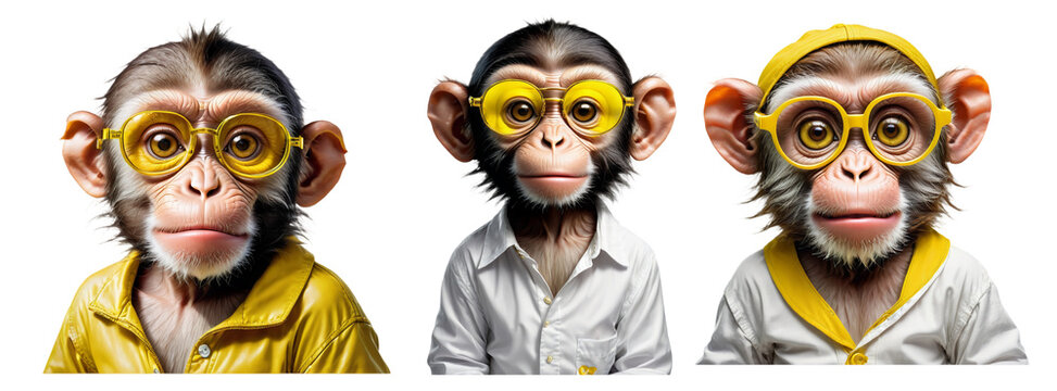 Stylish fashionate monkey wear yellow glasses on transparent background