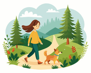 A woman strolling with her dog among green trees in the woods