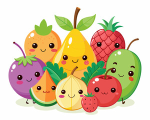Happy fruits with faces standing together, like a lively natural food art piece
