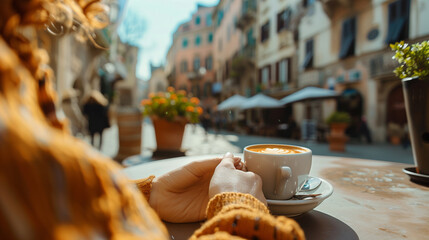 Hands holding a steaming cup of latte in an outdoor cafe setting.