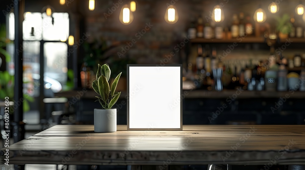 Poster mock-up menu frame displayed on a table in a bar, restaurant, or cafe setting.