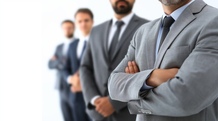 Team of Focused Businessmen in Suits with Crossed Arms on White.