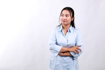 Young pretty asian woman feeling sad, upset or angry and looking to the side with a negative...
