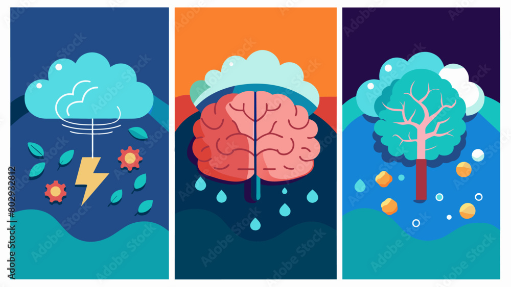 Poster a series of three panels depicting a brain before during and after ketamine treatment with the befor
