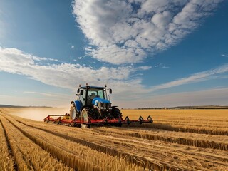 Obraz premium Tractor Plowing Vast Golden Wheat Field Under Blue Sky