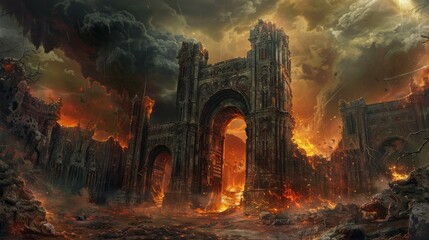 Majestic yet terrifying gates of hell, with powerful guardians and dangerous traps, a crucial checkpoint for adventurers on epic quests - obrazy, fototapety, plakaty