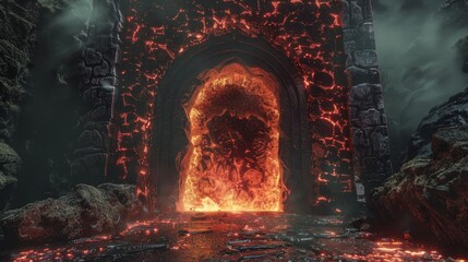Majestic yet terrifying dungeon gates, opening into a realm of fire and brimstone, a classic scenario in both fantasy novels and role-playing games