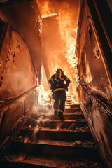 A firefighter in full gear calmly walks down a flight of stairs in a building, showcasing their preparedness and dedication to safety