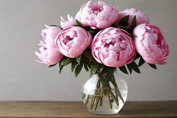 Glass vase with flowers on a wooden table. Floral background. Vase with peonies.