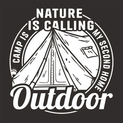 Line art badge featuring a camping theme with mountain outlines, symbolizing the call of the wild and the joy of outdoor life for nature enthusiasts and hikers