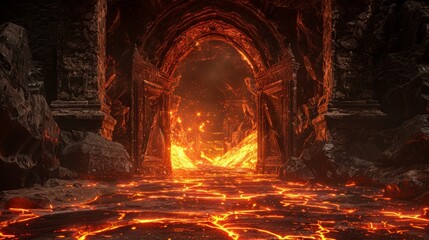 Intimidating gates of a dungeon set against a backdrop of hell, featuring a lava floor with volcanic textures, evoking a sense of impending doom - obrazy, fototapety, plakaty