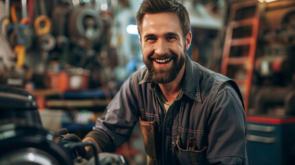 Mechanic With a Friendly Smile Working on a Car.
