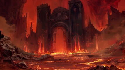 Intimidating gates of a dungeon set against a backdrop of hell, featuring a lava floor with volcanic textures, evoking a sense of impending doom