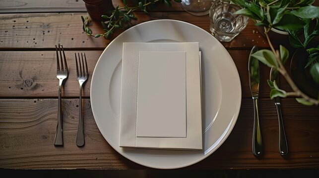 Mockup of a blank menu card placed on a plate.