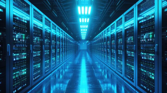 A parallel row of servers, adorned in electric blue, fills a technology-driven data center hallway with a symmetrical display of power and Azure technology. AIG41