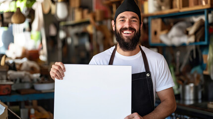 Obraz premium Barista with a whiteboard ready for today's specials in the cafe.