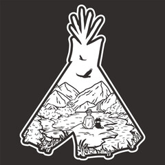 Black and white line art camping mountain landscape outline, evoking the tranquility and beauty of nature and the joy of outdoor adventures