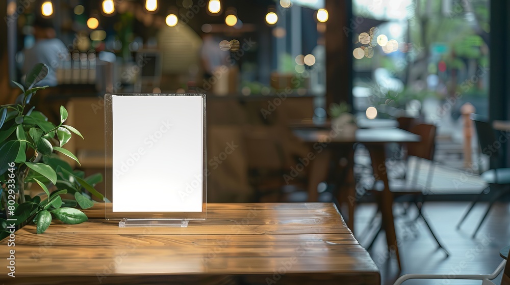 Poster mockup of a menu frame in a bar restaurant, positioned on a wooden table with white sheets of paper 