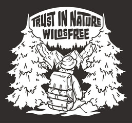 Obraz premium Line art illustration depicting a serene outdoor camping scene with a backpack. Surrounded by forest trees